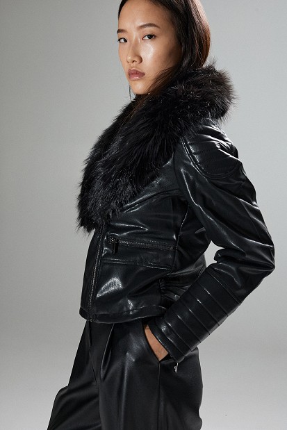 Leather-look jacket with fur collar