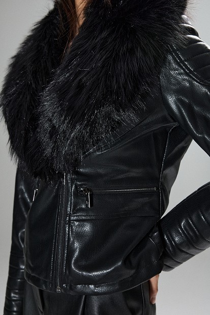 Leather-look jacket with fur collar