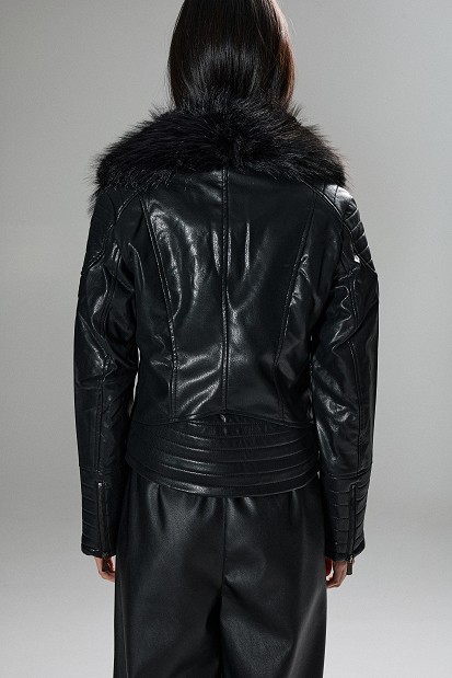 Leather-look jacket with fur collar