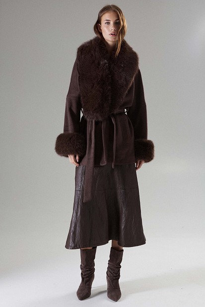 Faux fur coat with a belt