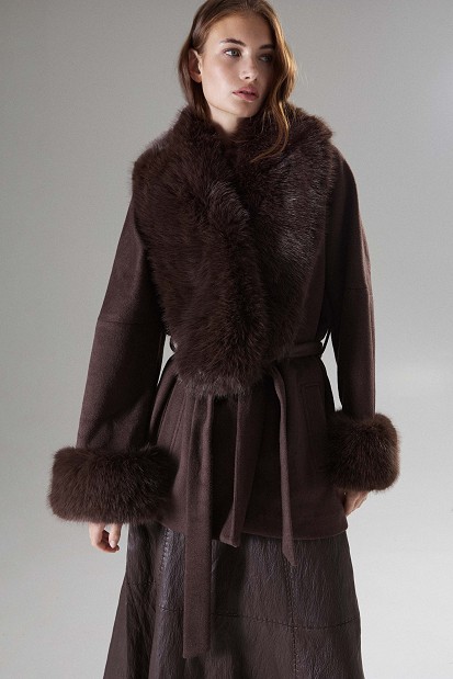 Faux fur coat with a belt