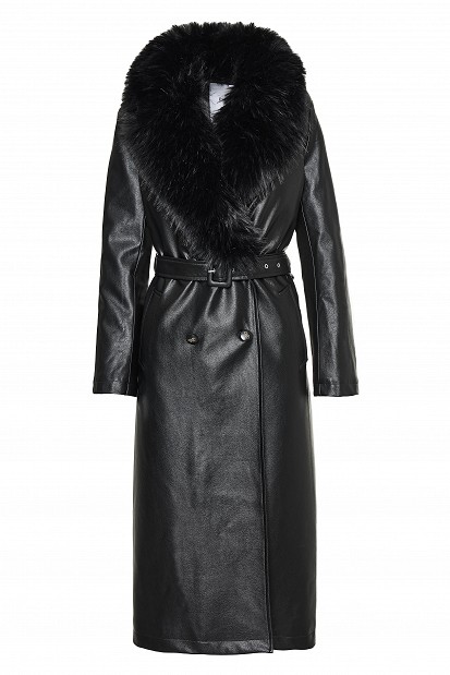 Leather-look long coat with faux fur