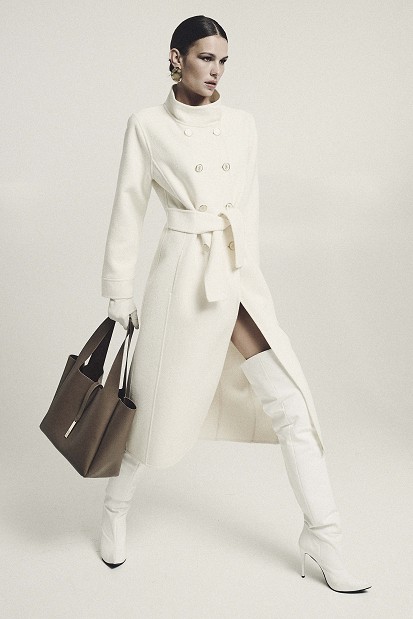 Long coat with a high collar and gold-tone buttons