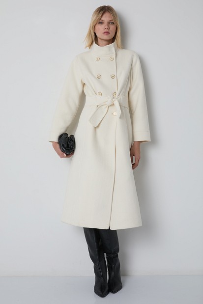 Long coat with a high collar and gold-tone buttons