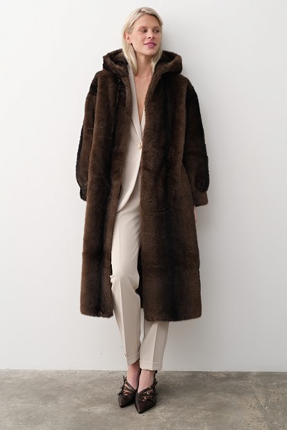 Long hooded faux fur coat