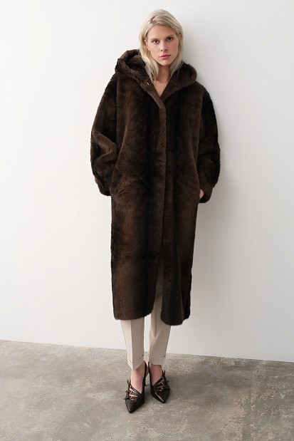 Long hooded faux fur coat