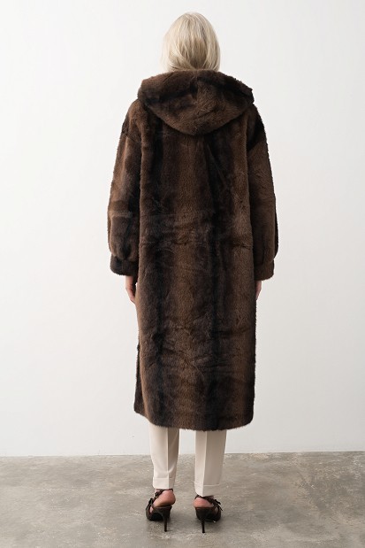 Long hooded faux fur coat