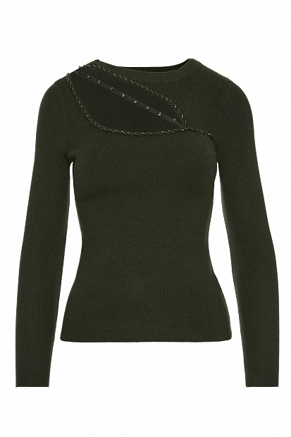 Sweater with cut-out detail and rhinestones