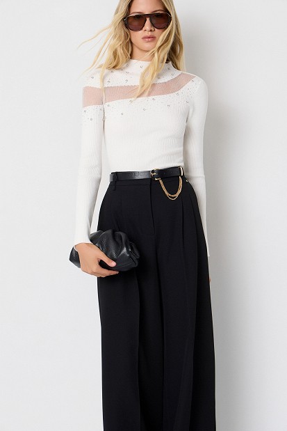 Knitted top with sheer detailing and rhinestone embellishments