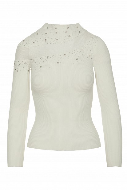 Knitted top with sheer detailing and rhinestone embellishments