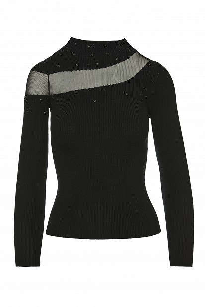 Knitted top with sheer detailing and rhinestone embellishments