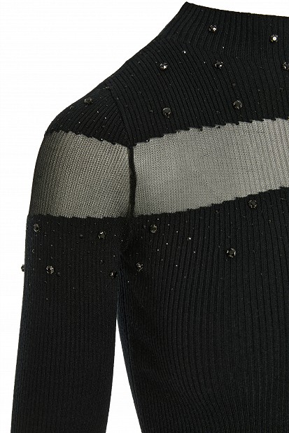 Knitted top with sheer detailing and rhinestone embellishments