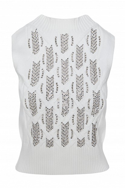Sleeveless knitted sweater with rhinestones