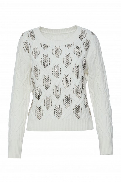 Knitted sweater with textured pattern and rhinestones