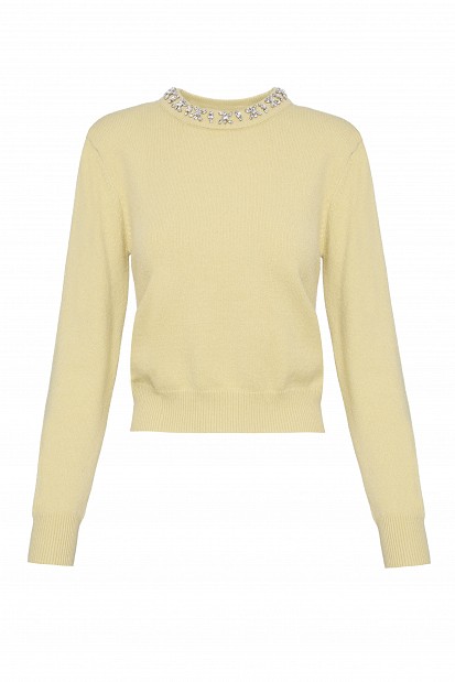 Embellished knit sweater with decorative stones