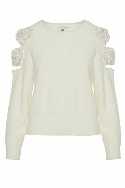 Sweater with bow and rhinestone embellished sleeves