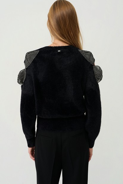 Sweater with bow and rhinestone embellished sleeves