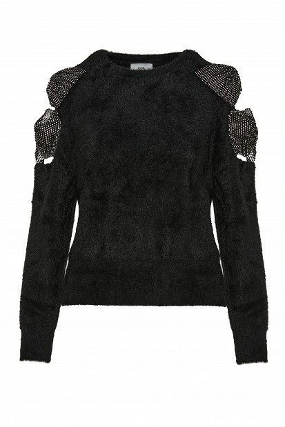 Sweater with bow and rhinestone embellished sleeves