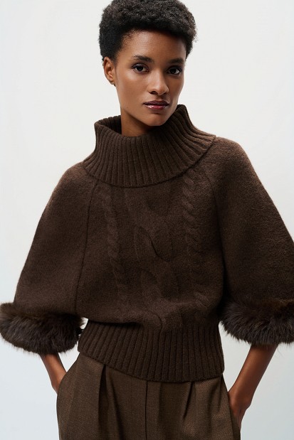 Turtleneck sweater with faux fur sleeves