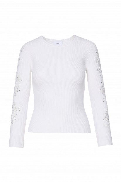 Knitted blouse with rhinestones and lace sleeves