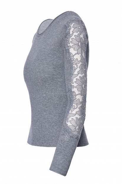 Knitted blouse with rhinestones and lace sleeves