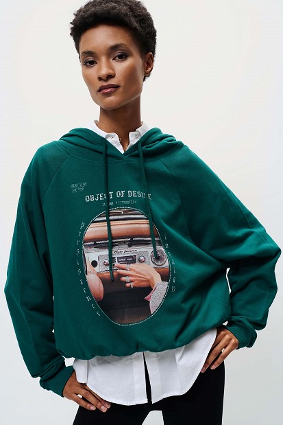Printed hooded sweatshirt with rhinestone details