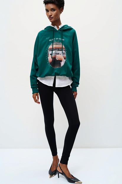 Printed hooded sweatshirt with rhinestone details