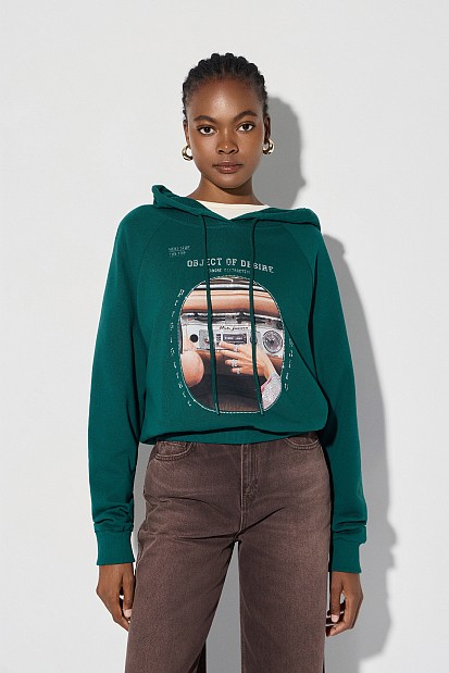 Printed hooded sweatshirt with rhinestone details