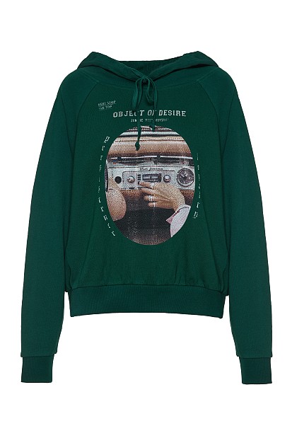 Printed hooded sweatshirt with rhinestone details