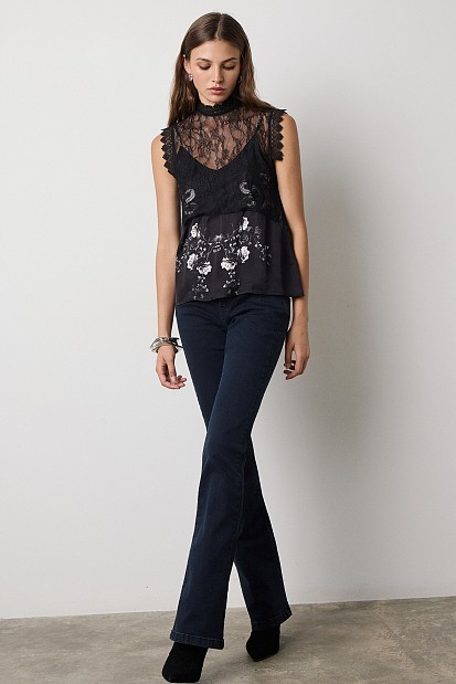 Printed satin top with lace detailing