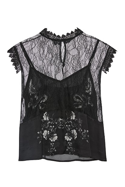Printed satin top with lace detailing