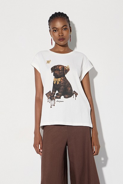 T-shirt with print and rhinestone embellishments