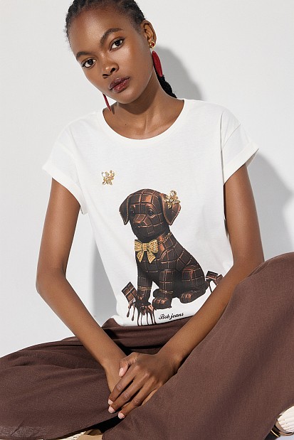 T-shirt with print and rhinestone embellishments