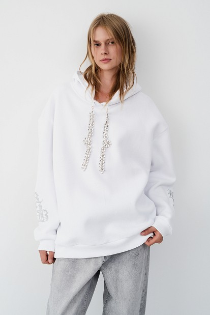 Hooded sweatshirt with rhinestone drawstrings