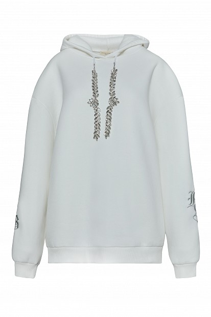 Hooded sweatshirt with rhinestone drawstrings