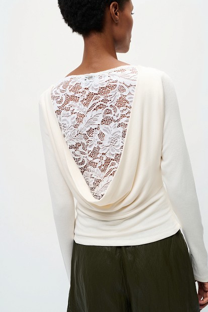 Bamboo fabric top with lace and a draped back