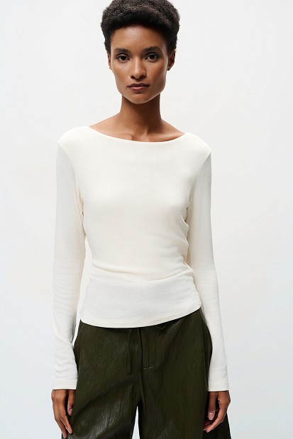 Bamboo fabric top with lace and a draped back
