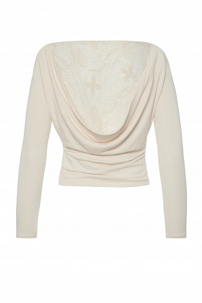 Bamboo fabric top with lace and a draped back