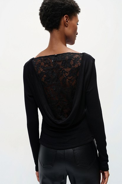 Bamboo fabric top with lace and a draped back