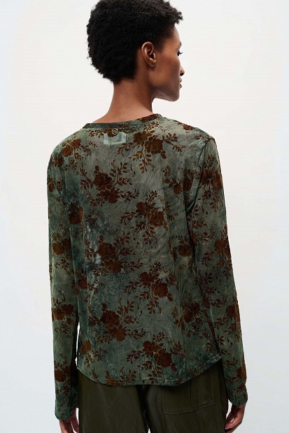 Sheer top with raised floral details