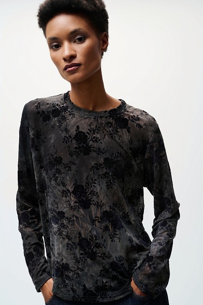 Sheer top with raised floral details