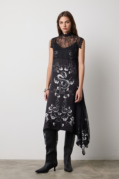 Asymmetrical midi printed dress with lace detailing