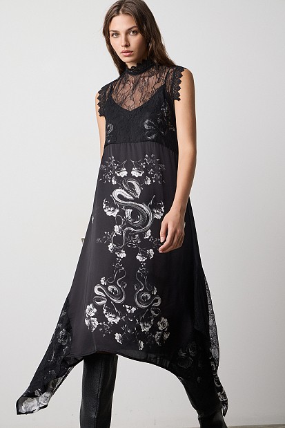 Asymmetrical midi printed dress with lace detailing