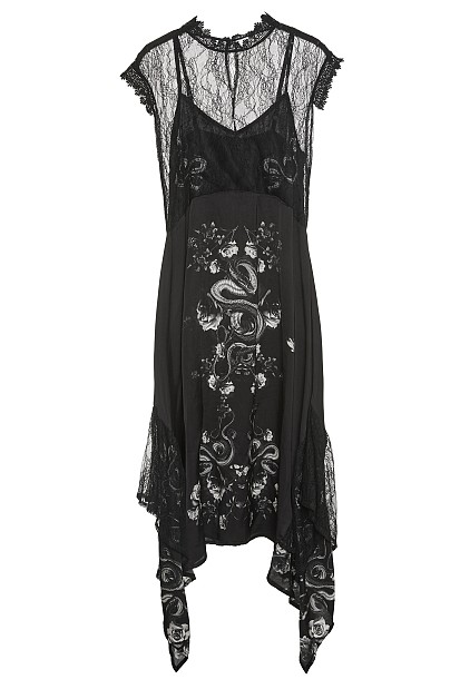 Asymmetrical midi printed dress with lace detailing