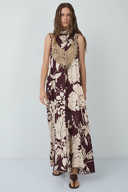 Maxi floral dress with a decorative scarf