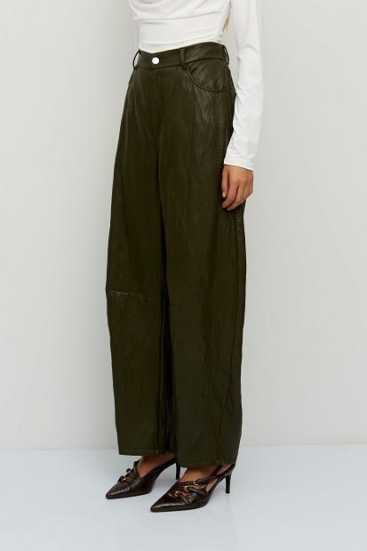 Leather-look barrel-leg trousers