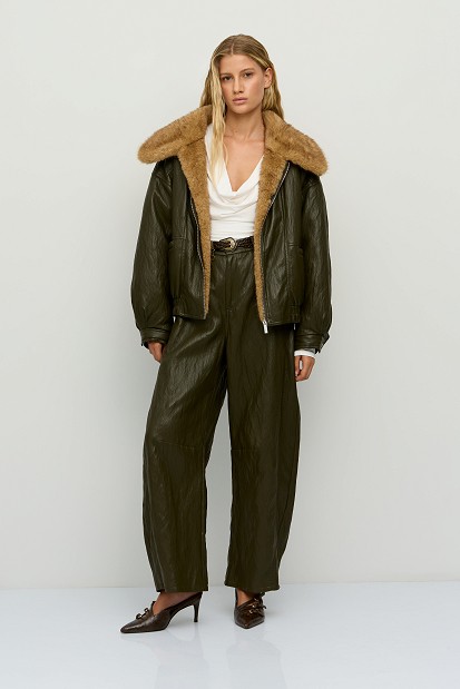 Leather-look barrel-leg trousers