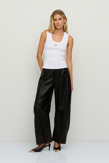 Leather-look barrel-leg trousers