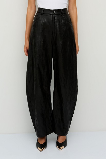 Leather-look barrel-leg trousers