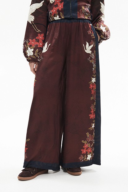 Printed wide-leg trousers with satin finish